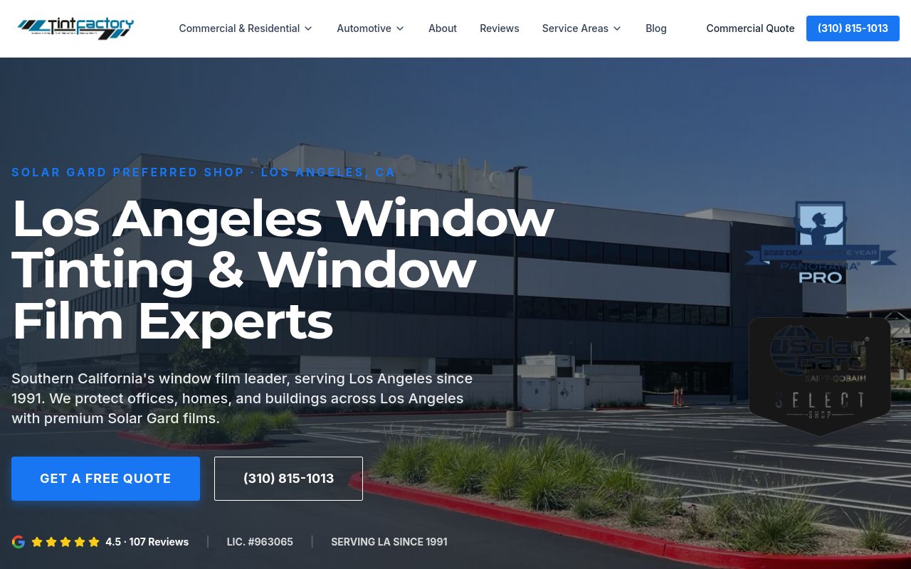Homepage of Tint Factory's website