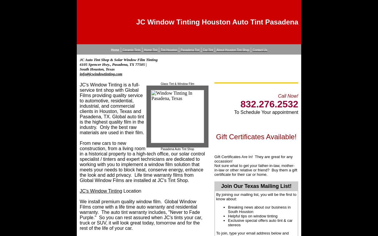 Homepage of J C's Window Tint's website