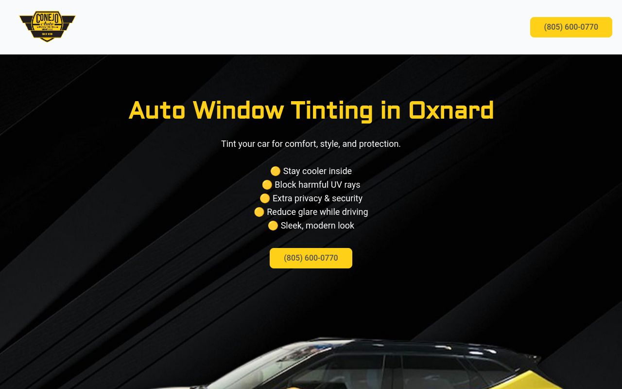 Homepage of Conejo Window Tinting, Car Wraps & Detailing's website