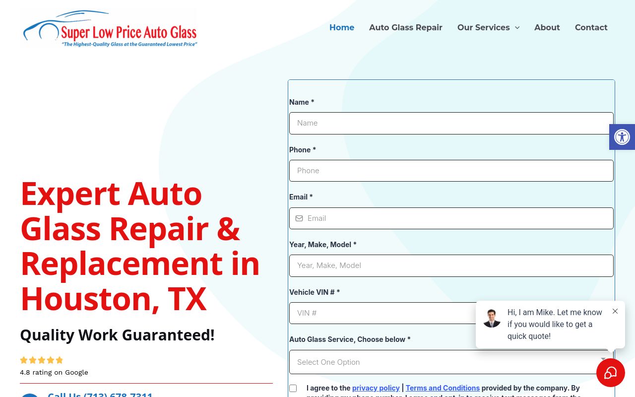 Homepage of Super Low Price Auto Glass's website