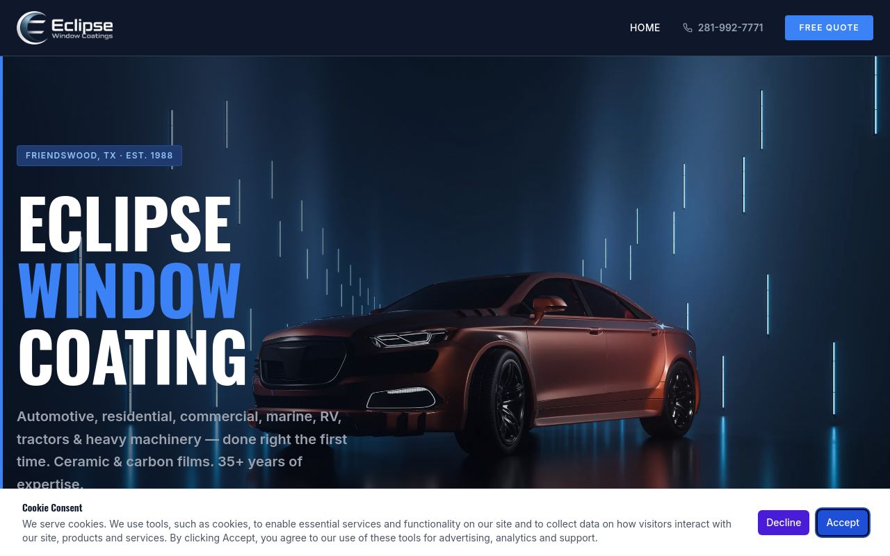 Homepage of Eclipse Window Coatings's website