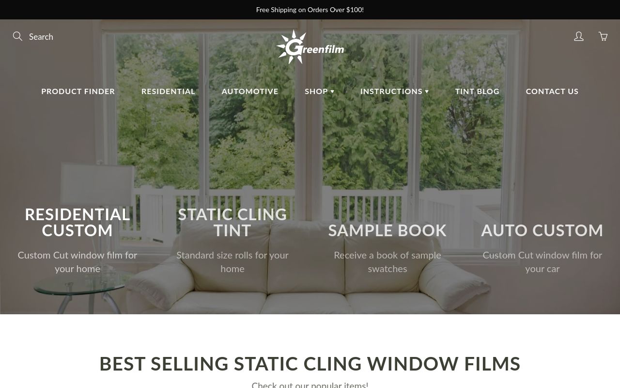 Homepage of Greenfilm - Self-installed Window Tint & Home Window Film's website
