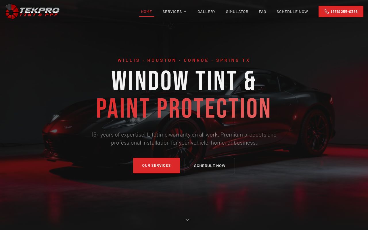 Homepage of Tekpro Tint & PPF - (Workshop and Mobile service) Window Tint Auto - Residential - PPF - Windshield protection.'s website
