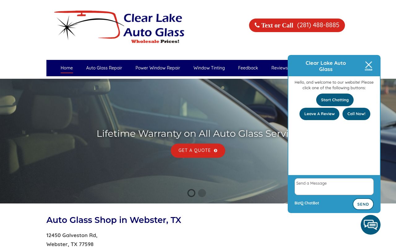Homepage of Clear Lake Auto Glass's website