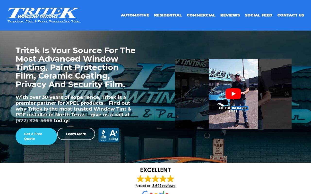 Homepage of Tritek Window Tinting & Paint Protection's website