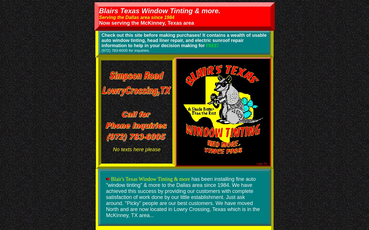 Homepage of Blair's Texas Window Tinting & more's website