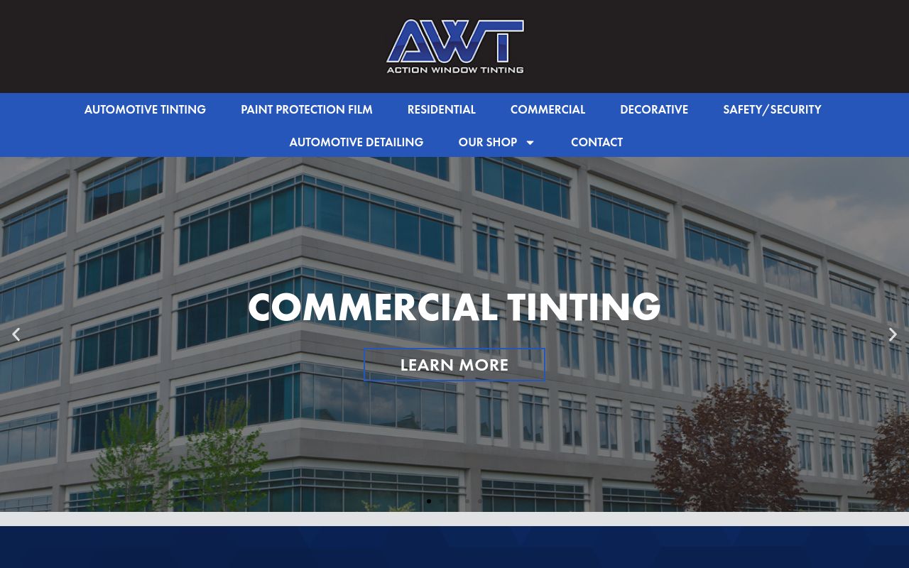 Homepage of Action Window Tinting's website