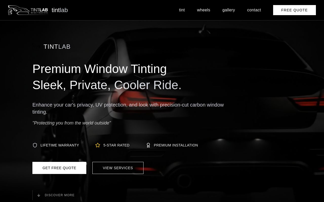 Homepage of Tint Lab Window Tinting LLC's website