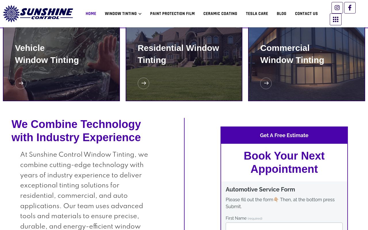 Homepage of Sunshine Control Window Tinting's website