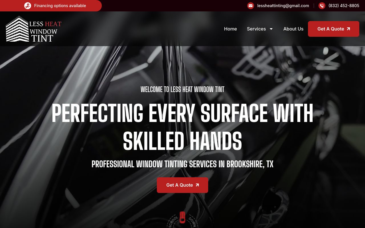 Homepage of Less Heat Window Tint LLC's website