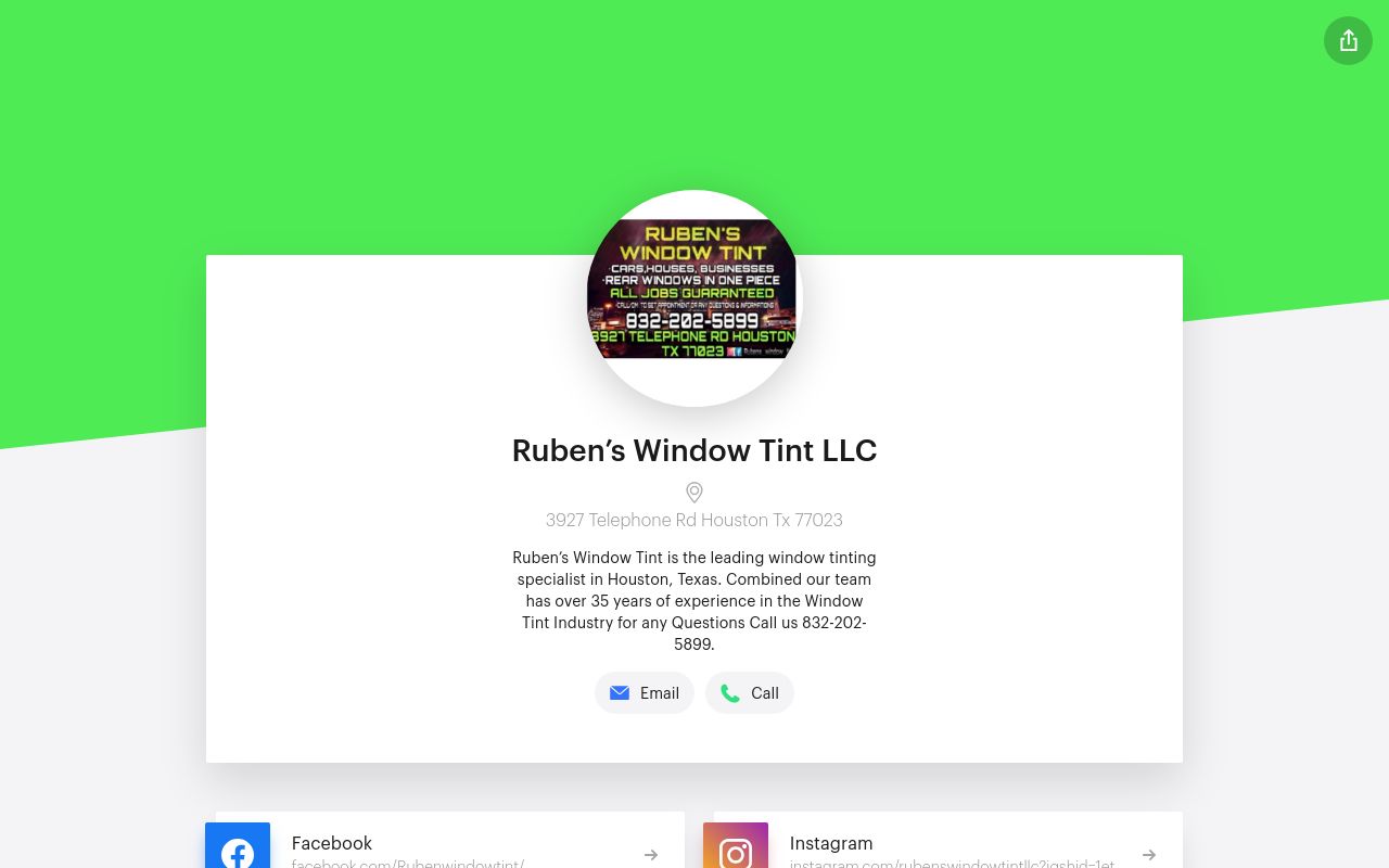 Homepage of Ruben's Window TinT LLC's website