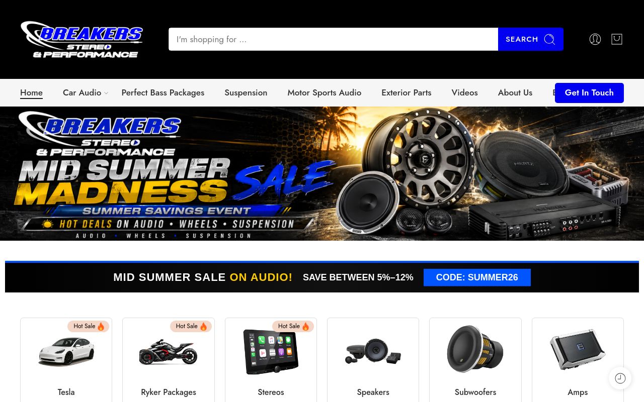 Homepage of Breakers Stereo and Performance's website