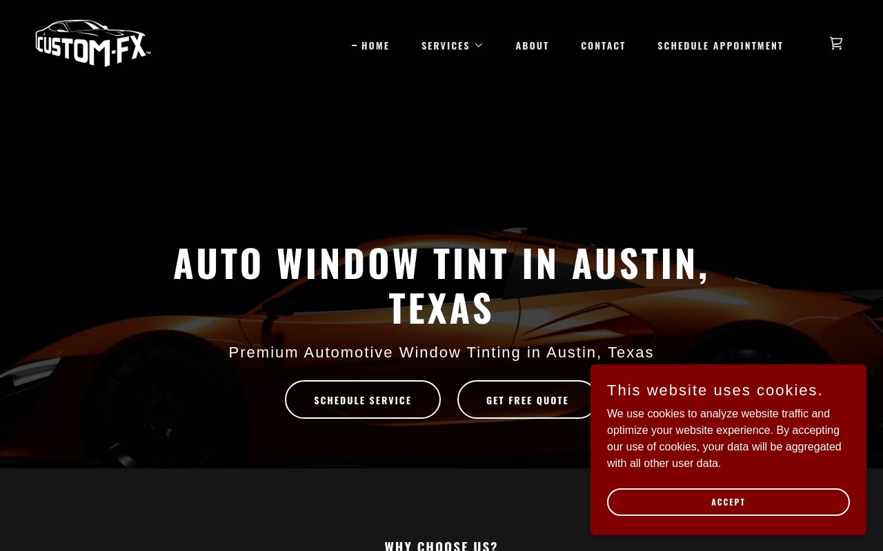 Homepage of Custom FX Window Tinting's website