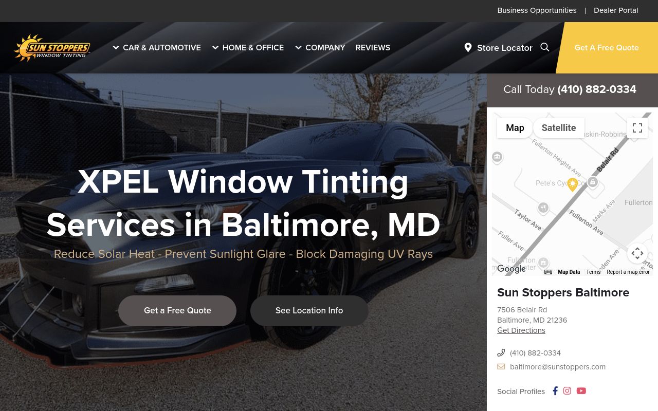 Homepage of Sun Stoppers Baltimore's website