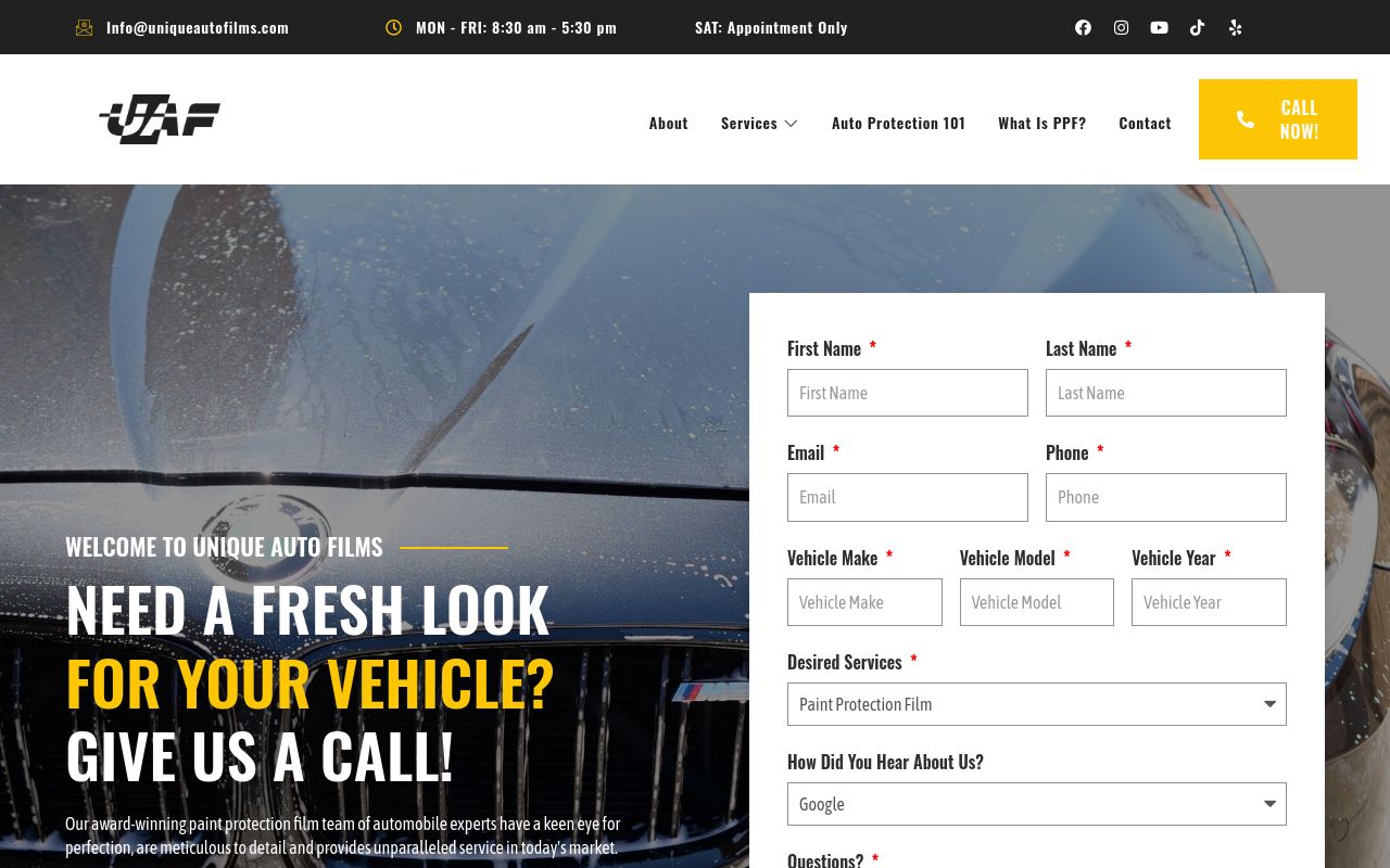 Homepage of Unique Auto Films's website