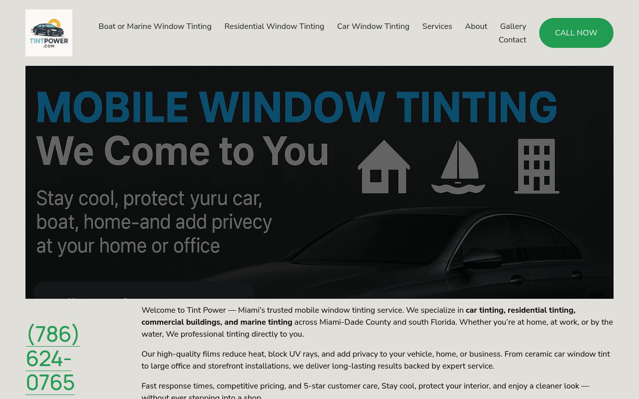 Homepage of Window tinting (mobile service available) boats/Residential/commercial's website