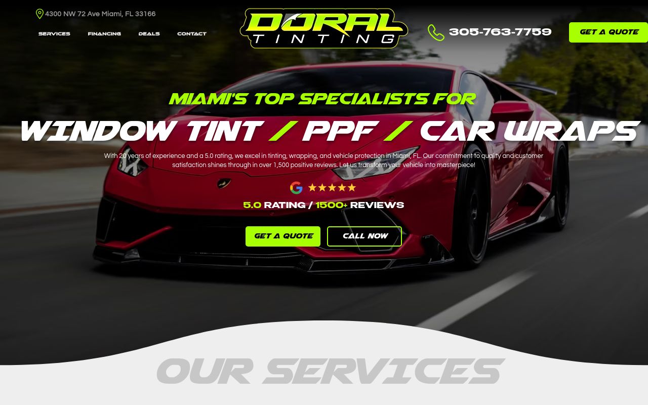 Homepage of DORAL TINTING's website