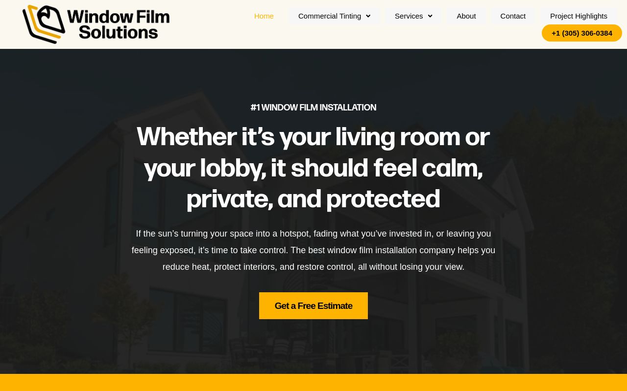 Homepage of Window Film Solutions Miami's website
