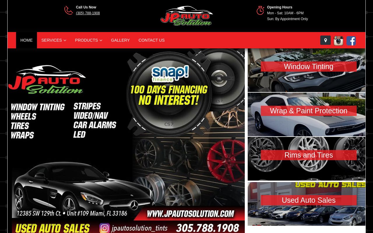 Homepage of JP Auto Solution Window Tinting's website