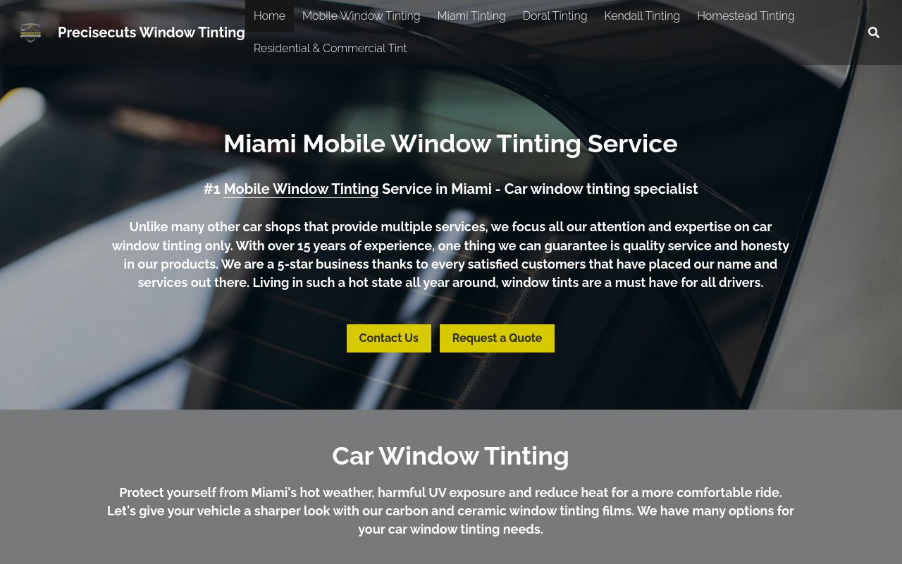 Homepage of PreciseCuts Mobile Window Tinting's website