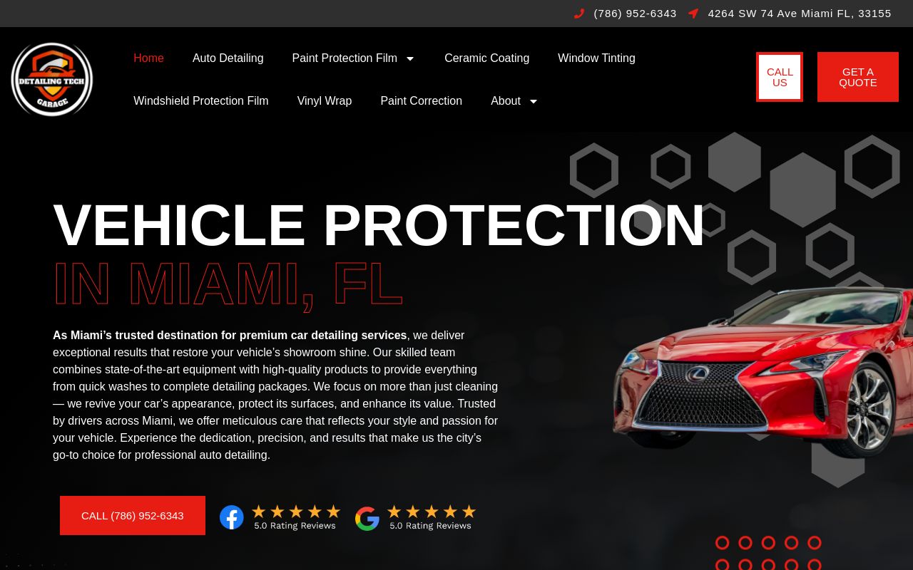 Homepage of Detailing Tech Garage - Ceramic Coatings, Paint Protection Film (PPF), Window Tint, & Vinyl Wraps's website