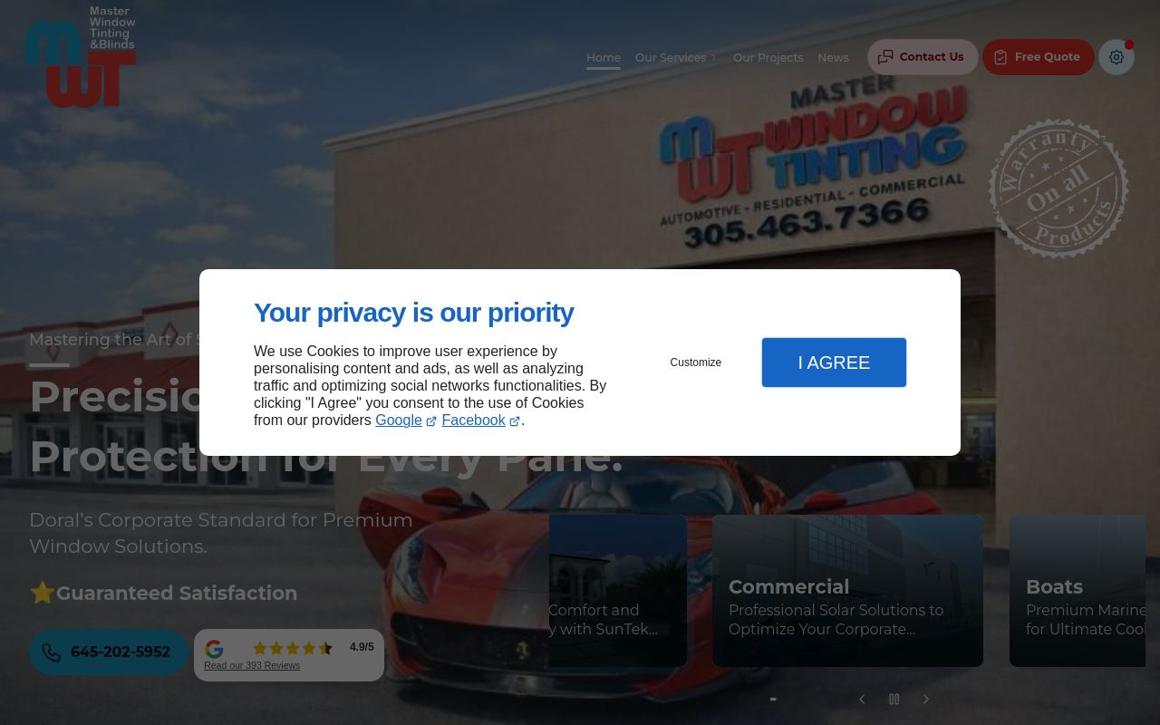 Homepage of Master Window Tinting's website