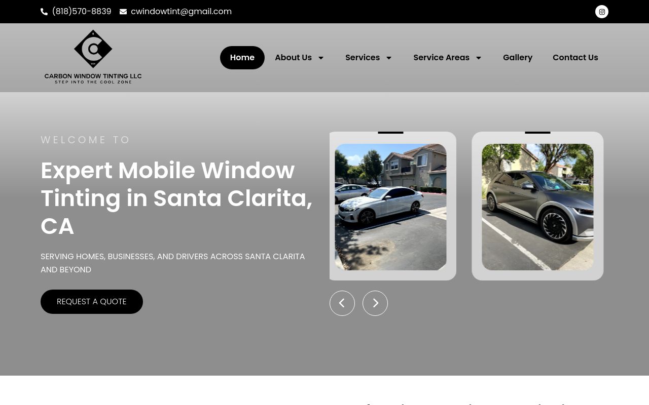 Homepage of Carbon Window Tinting's website