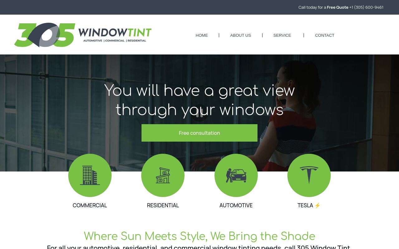 Homepage of 305Window Tint's website