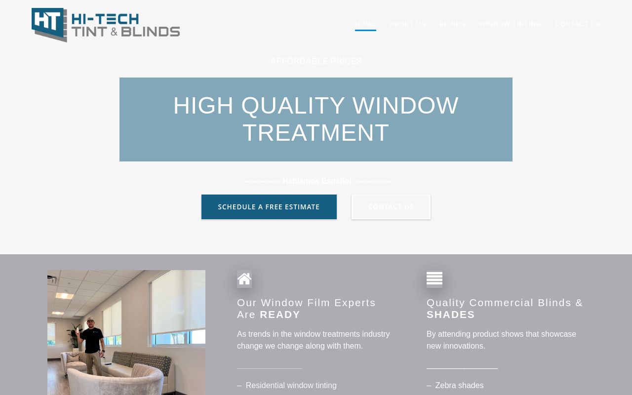 Homepage of Hitech Tint & Blinds's website