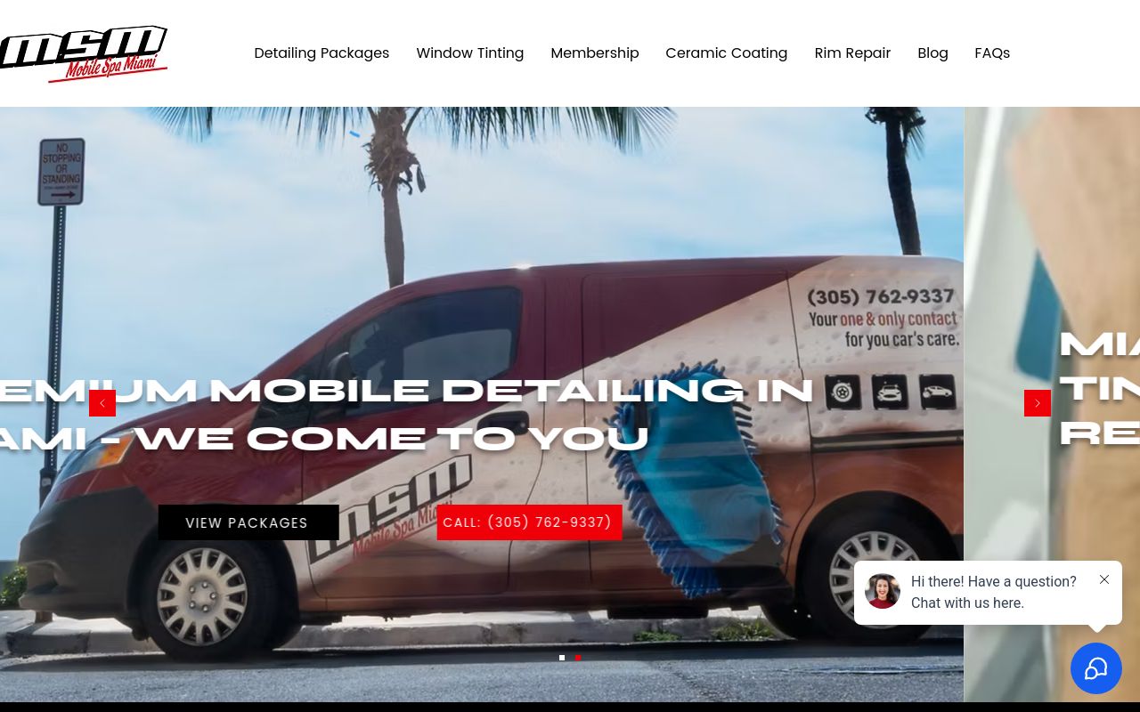 Homepage of Mobile Spa Miami - Mobile Detailing & Window Tinting's website