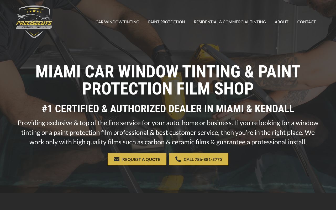 Homepage of PreciseCuts Window Tinting's website