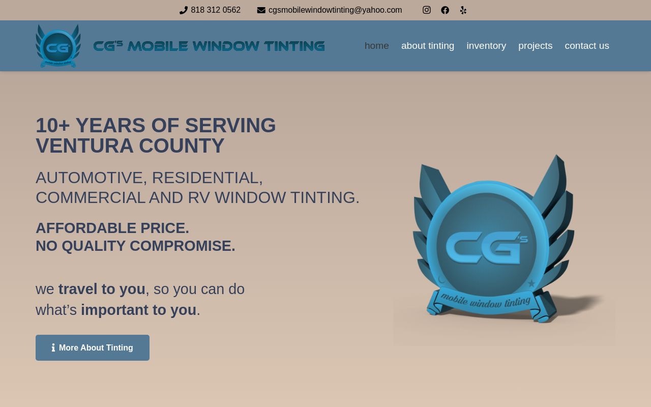 Homepage of CG'S MOBILE WINDOW TINTING's website