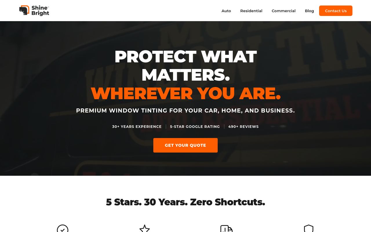 Homepage of Shine Bright Mobile Window Tinting's website