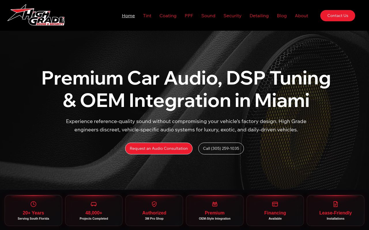 Homepage of High Grade Sound and Security's website
