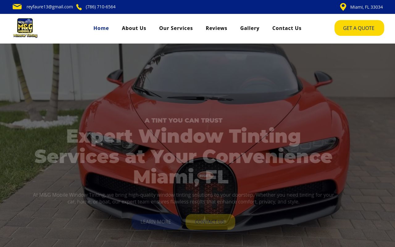 Homepage of M&G Mobile Window Tinting's website