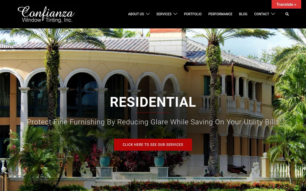 Homepage of Confianza Window Tinting's website