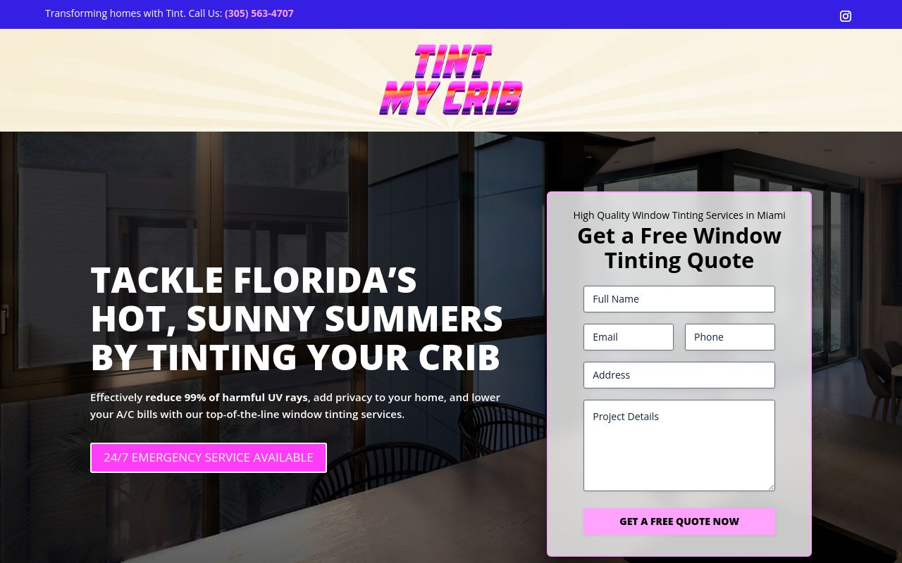 Homepage of Tint My Crib's website