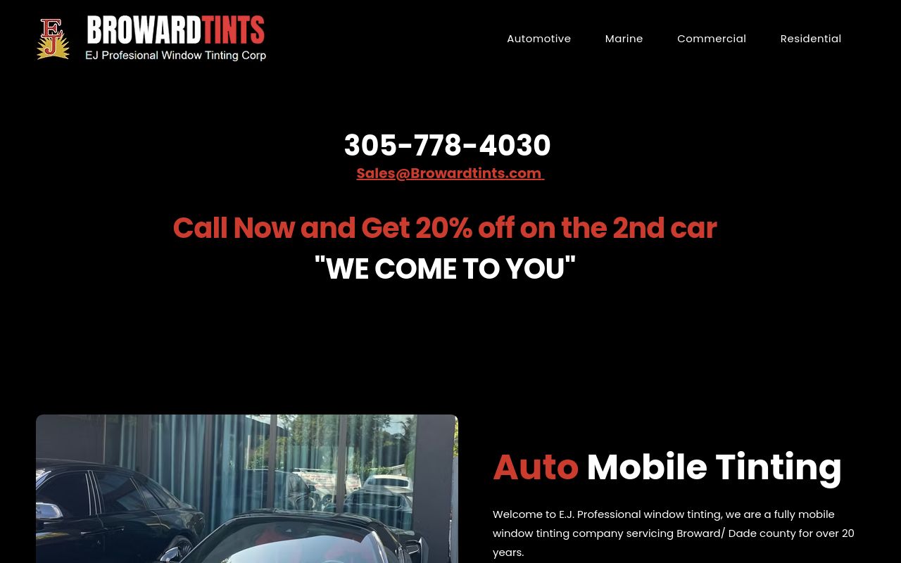 Homepage of EJ Professional Window Tinting (Mobile Service) “We Come To You”'s website
