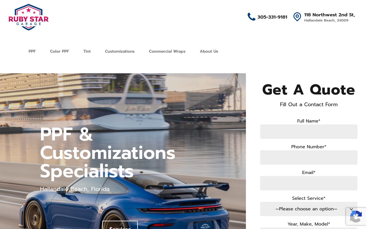 Homepage of Ruby Star Garage XPEL PPF's website