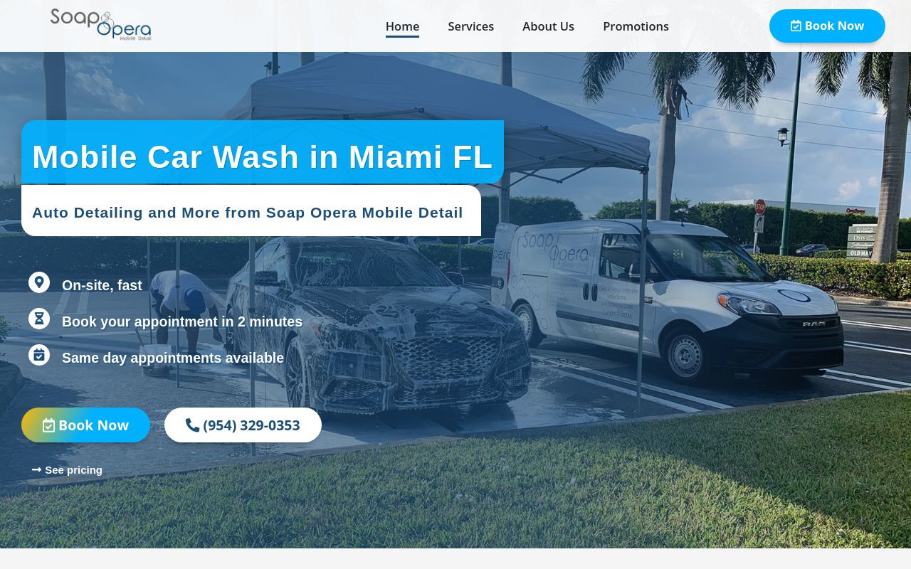 Homepage of Soap Opera - Mobile Detail, Car Wash, Mobile Tint, Ceramic Coating Miami's website