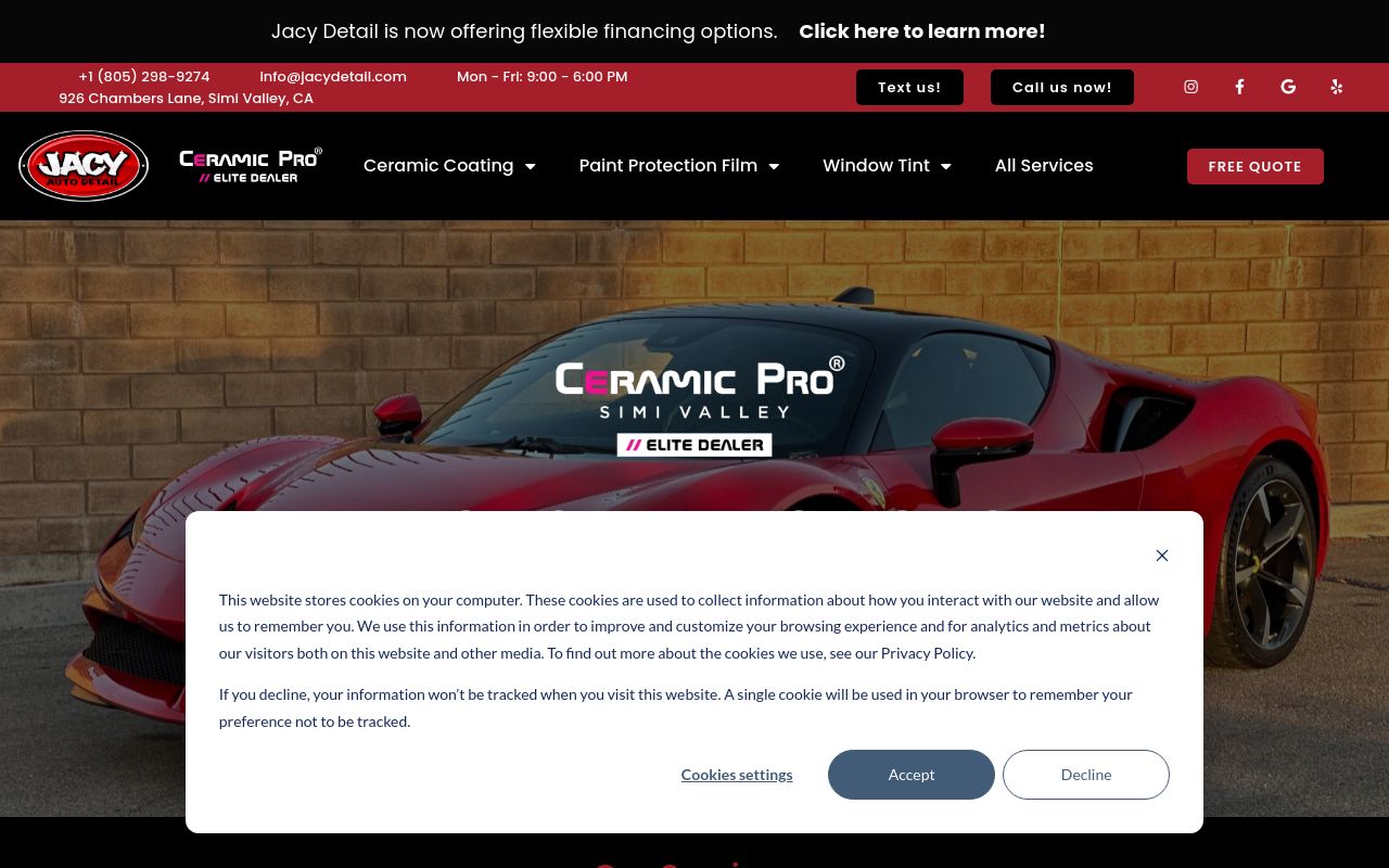 Homepage of Jacy Detail | Car Detailing, Ceramic Coatings, PPF & Window Tint in Simi Valley's website