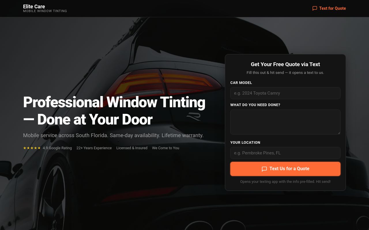 Homepage of Elite Care Mobile Window Tinting - Window Tint's website