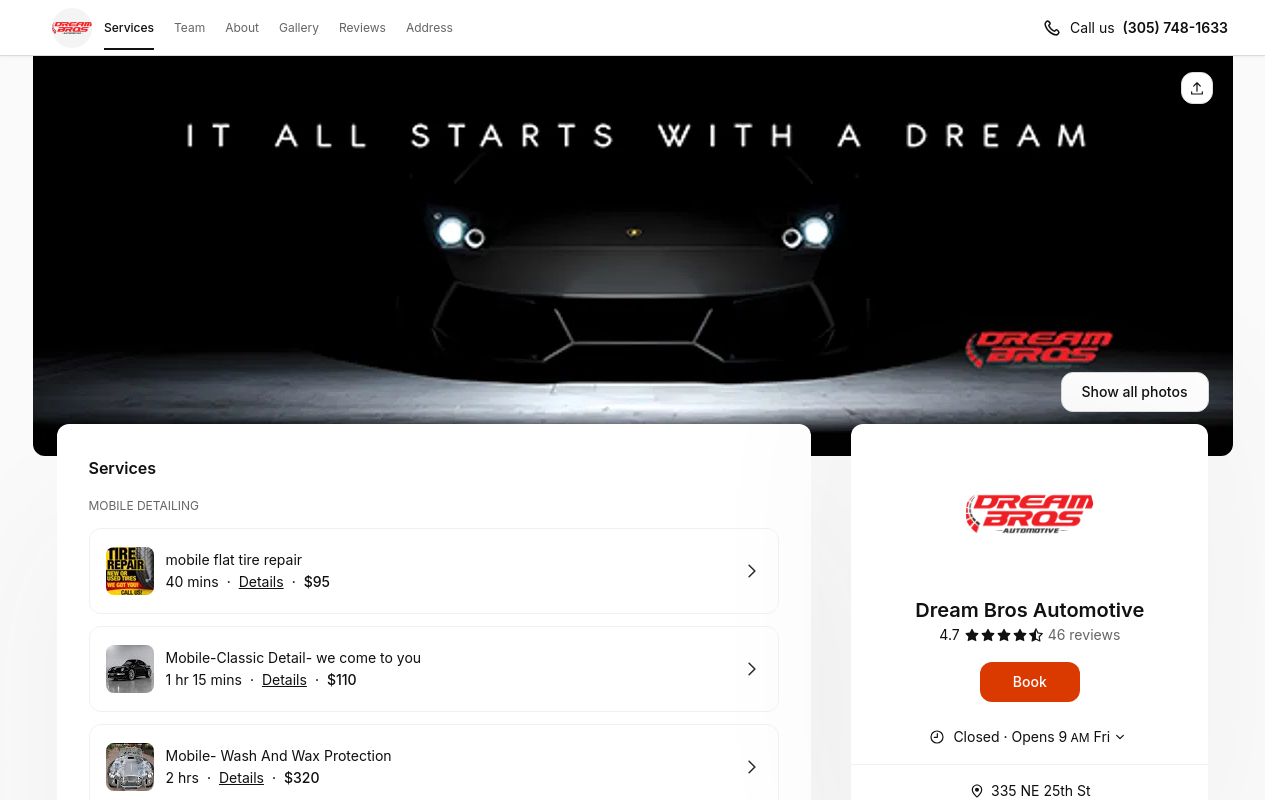 Homepage of Dream Bros Automotive's website