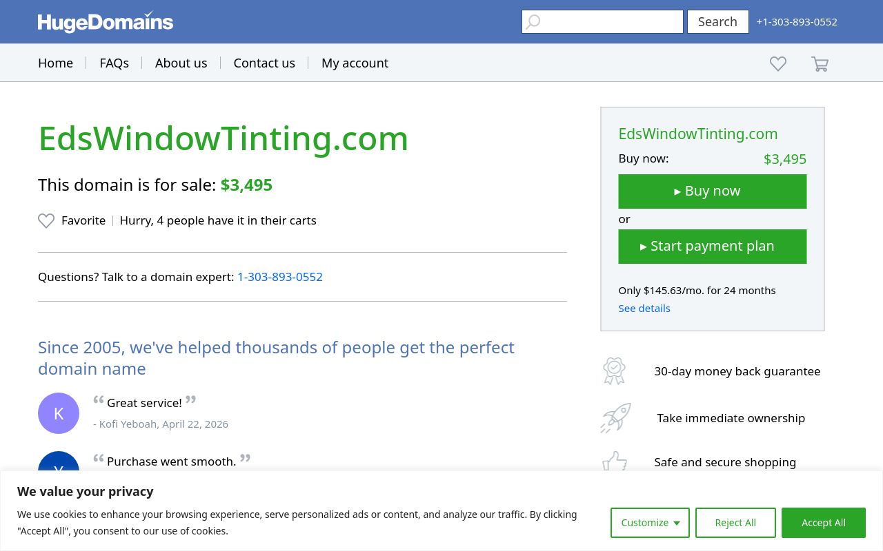 Homepage of Ed's Window Tinting's website