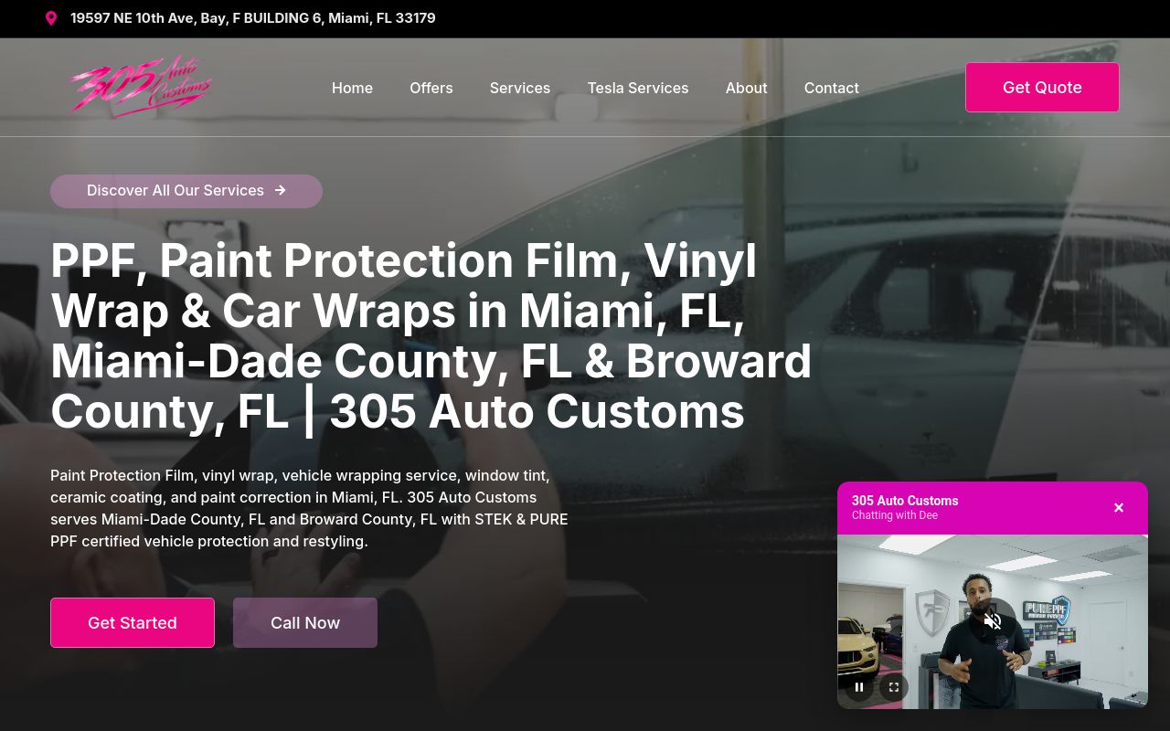 Homepage of 305 Auto Customs | Car Wraps, PPF, Window Tint, Paint Protection Film's website