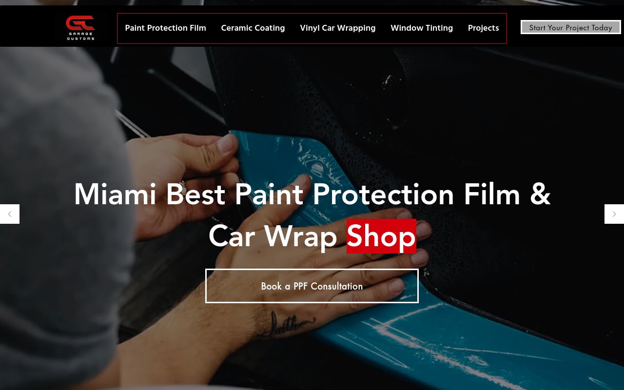 Homepage of Garage Customs – Paint Protection Film, Car Wraps, Ceramic Coating in Miami's website