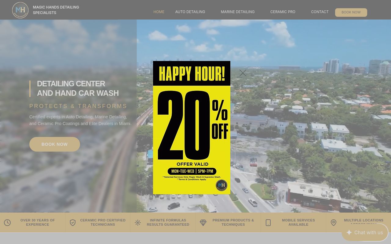 Homepage of Magic Hands Car Wash & Detailer's website