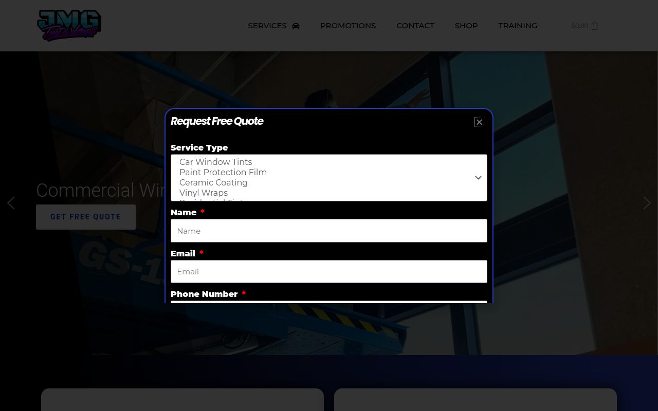 Homepage of JMG Tint & Wraps's website