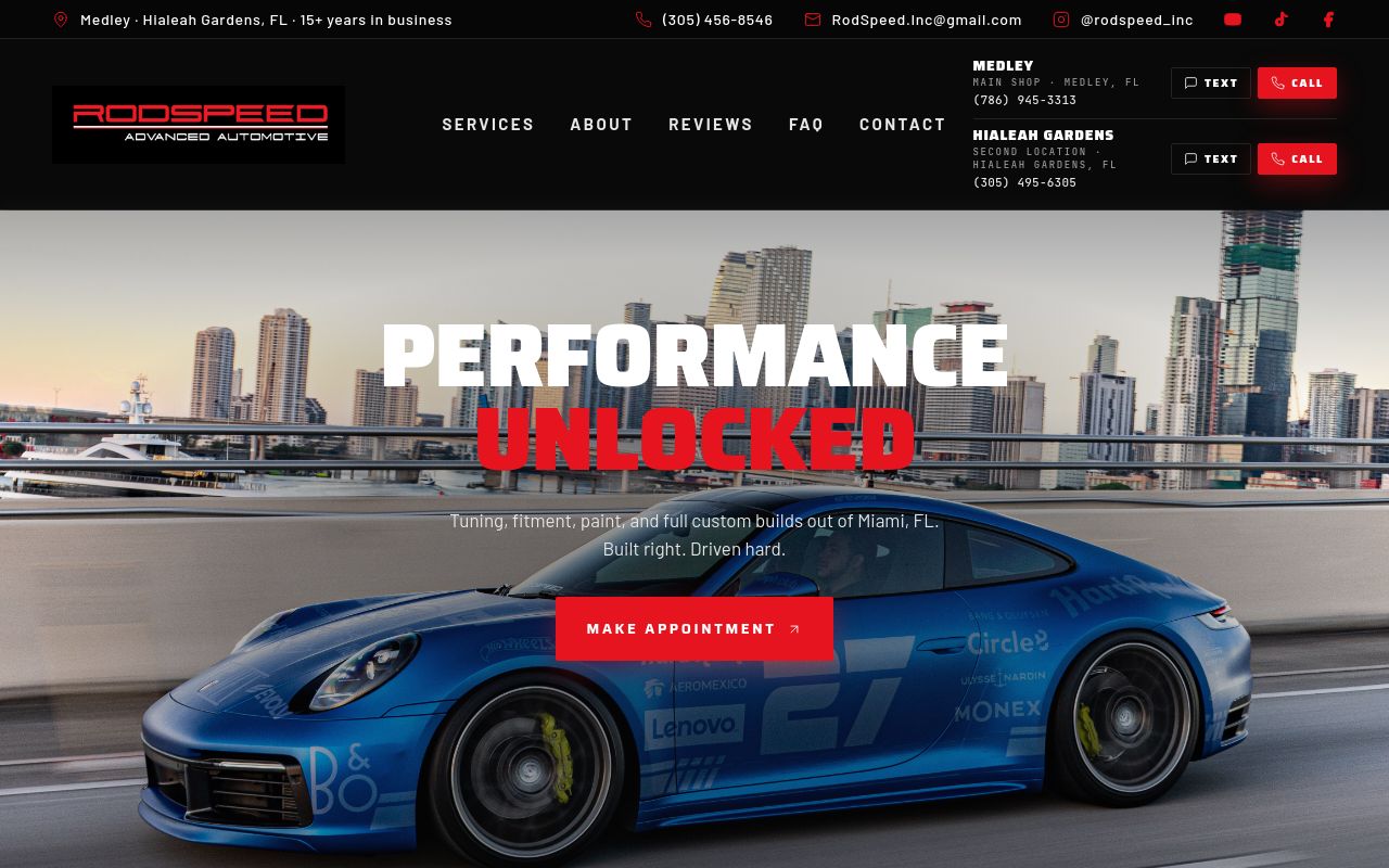 Homepage of RodSpeed Advanced Automotive's website