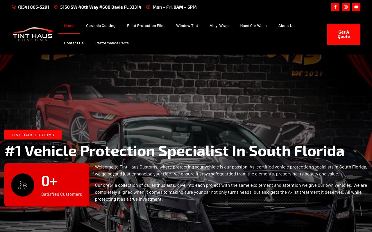 Homepage of Tint Haus Customs - Ceramic Coating, PPF, & Viny Wrap's website
